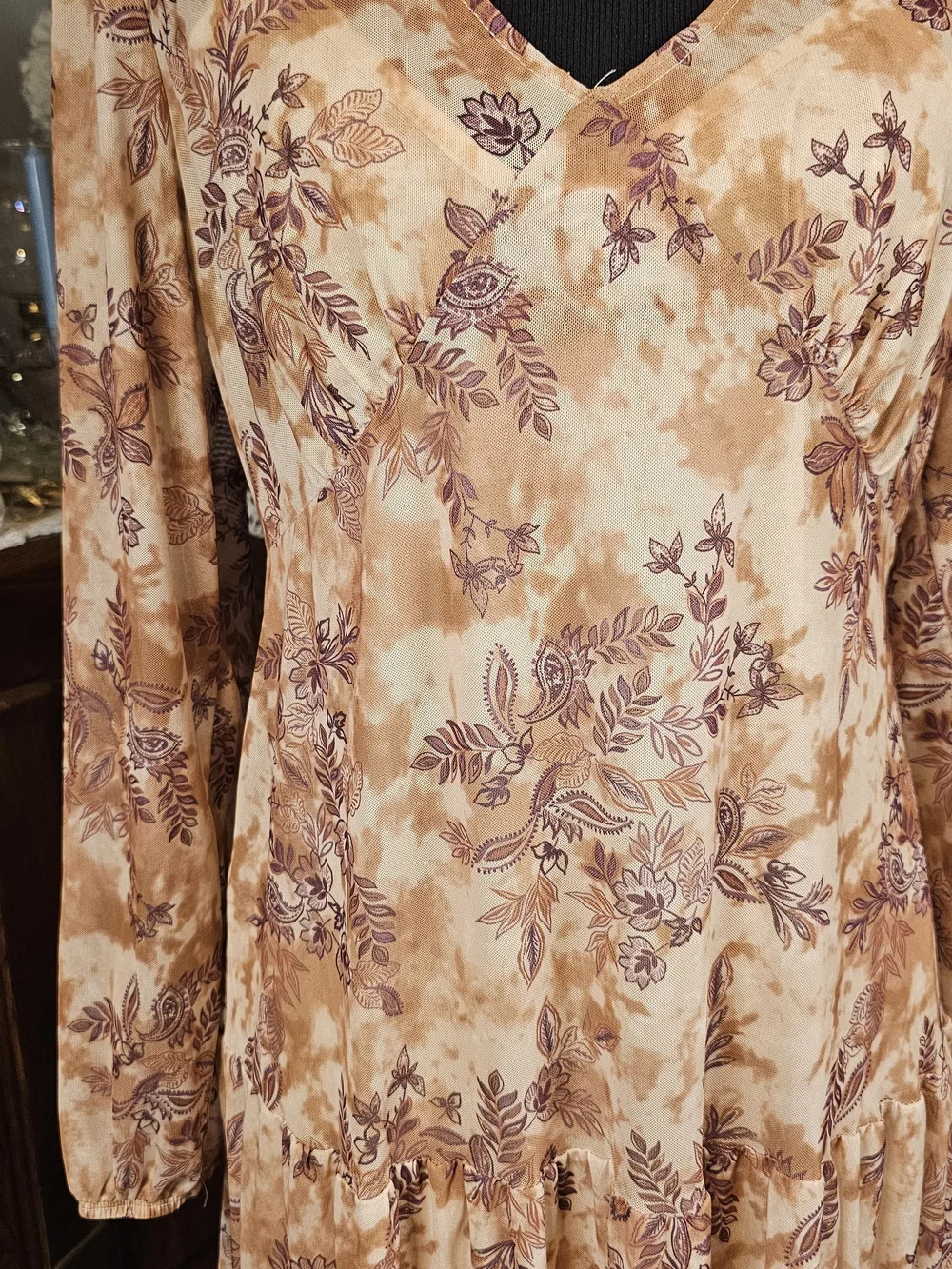 Lucky Brand Boho Mesh Floral Tiered Maxi Dress Medium Brown Long Sleeve - Picture 2 of 7